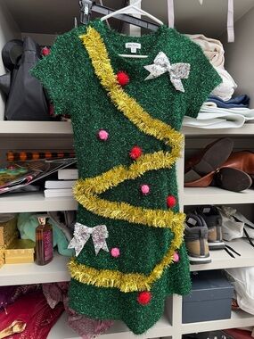 Festive Green Holiday Tree Dress with Gold Tinsel